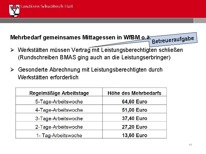 Mehrbedarf gemeinsames Mittagessen in Wf. BM o. ä. abe Betreueraufg Ø Werkstätten müssen Vertrag