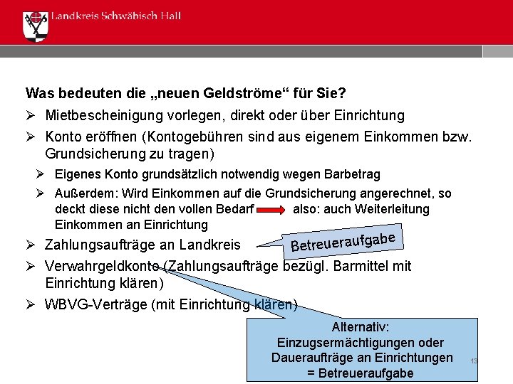 Was bedeuten die „neuen Geldströme“ für Sie? Ø Mietbescheinigung vorlegen, direkt oder über Einrichtung