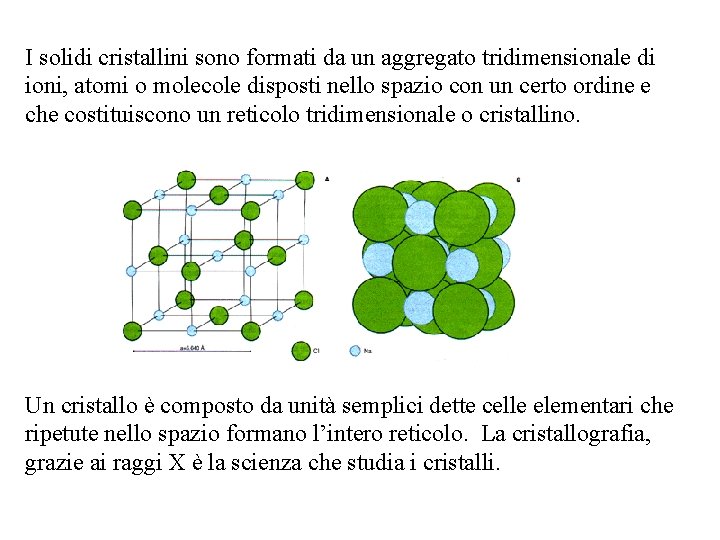 I solidi cristallini sono formati da un aggregato tridimensionale di ioni, atomi o molecole