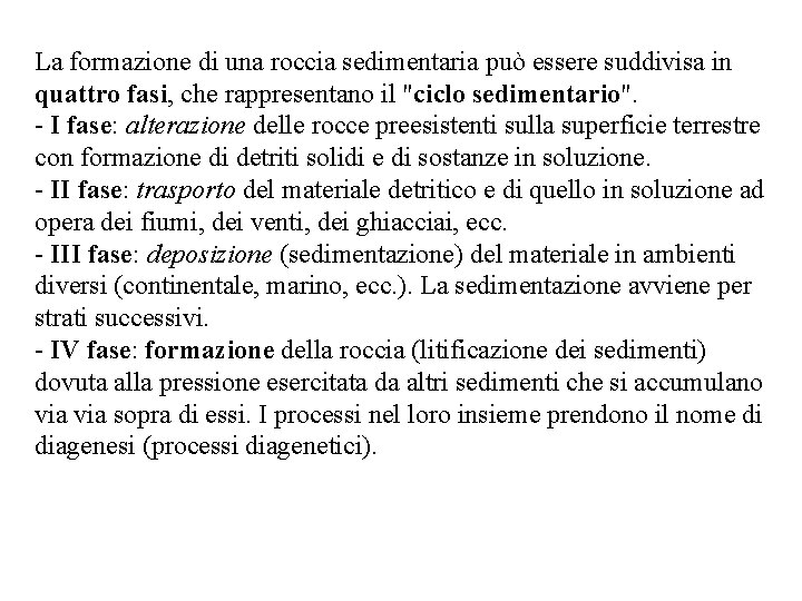 La formazione di una roccia sedimentaria può essere suddivisa in quattro fasi, che rappresentano