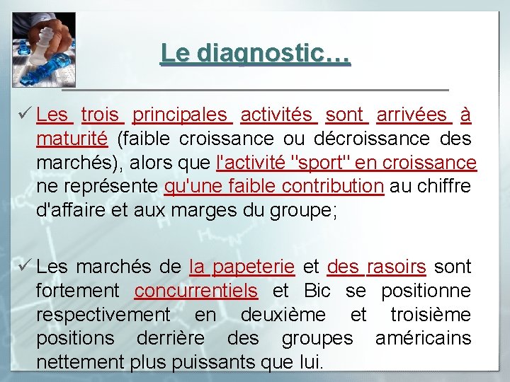 Le diagnostic… ü Les trois principales activités sont arrivées à maturité (faible croissance ou