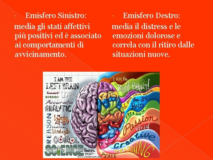  Emisfero Sinistro: media gli stati affettivi più positivi ed è associato ai comportamenti