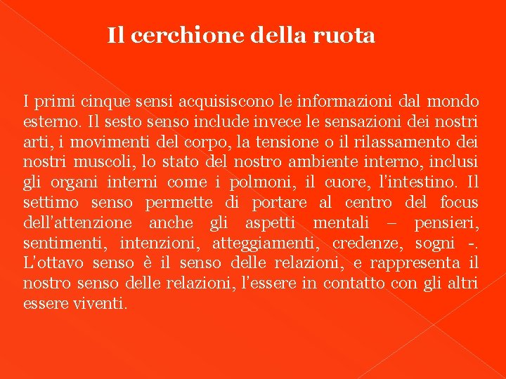  Il cerchione della ruota I primi cinque sensi acquisiscono le informazioni dal mondo