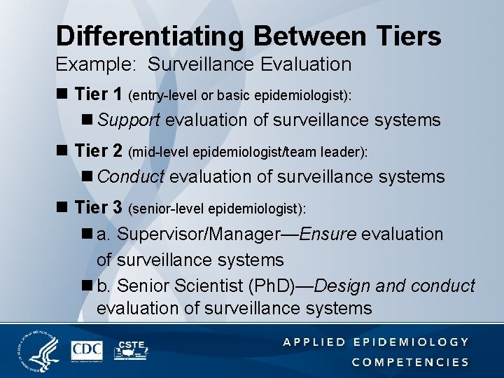 Differentiating Between Tiers Example: Surveillance Evaluation n Tier 1 (entry-level or basic epidemiologist): n
