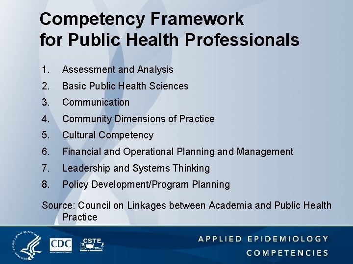 Competency Framework for Public Health Professionals 1. Assessment and Analysis 2. Basic Public Health
