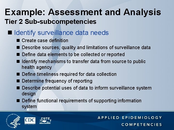Example: Assessment and Analysis Tier 2 Sub-subcompetencies n Identify surveillance data needs n n