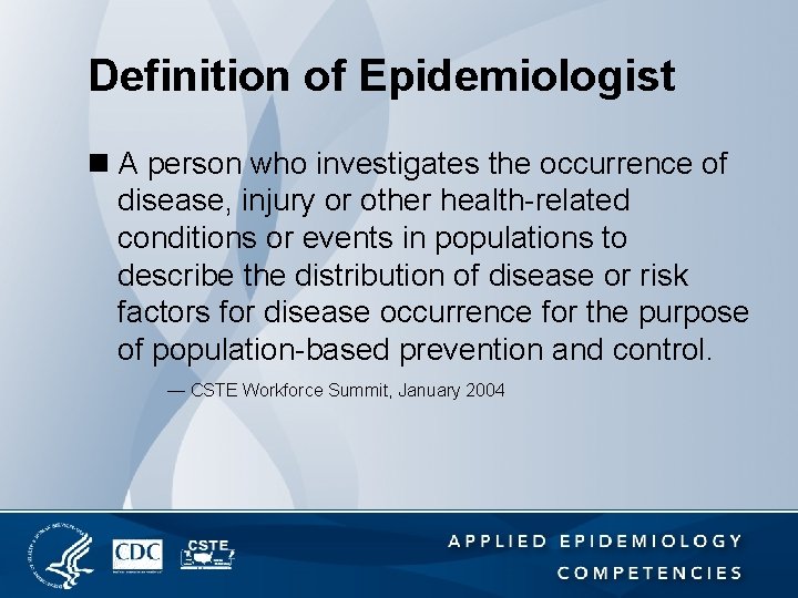 Definition of Epidemiologist n A person who investigates the occurrence of disease, injury or