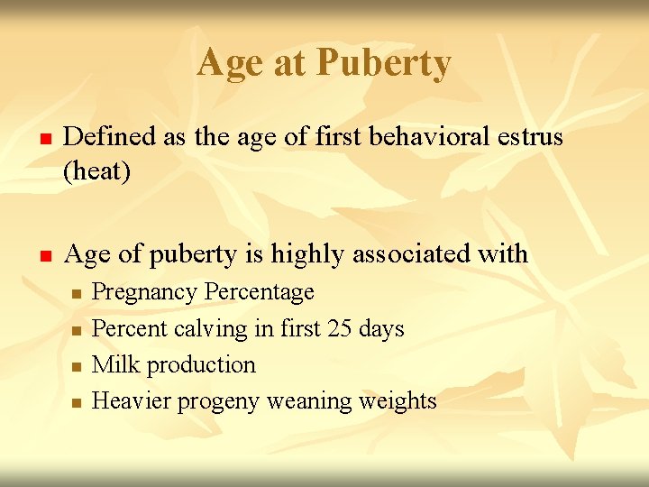 Age at Puberty n n Defined as the age of first behavioral estrus (heat)