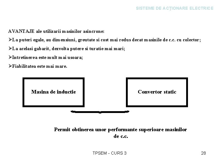 SISTEME DE ACŢIONARE ELECTRICE AVANTAJE ale utilizarii masinilor asincrone: ØLa puteri egale, au dimensiuni,