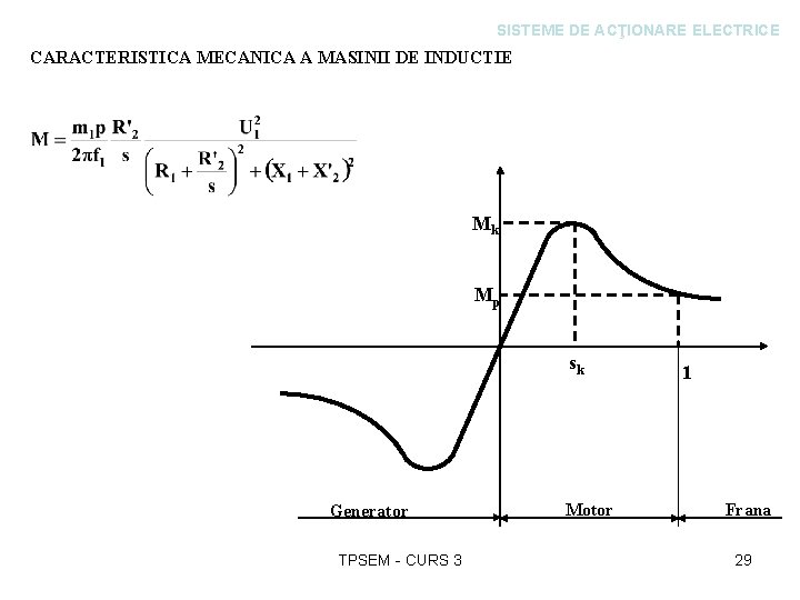 SISTEME DE ACŢIONARE ELECTRICE CARACTERISTICA MECANICA A MASINII DE INDUCTIE Mk Mp sk Generator