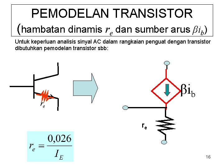 PEMODELAN TRANSISTOR (hambatan dinamis re dan sumber arus βib) Untuk keperluan analisis sinyal AC