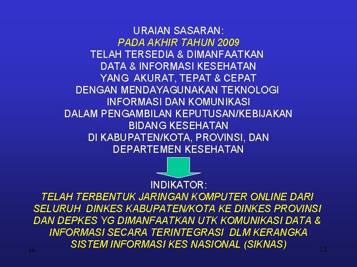 URAIAN SASARAN: PADA AKHIR TAHUN 2009 TELAH TERSEDIA & DIMANFAATKAN DATA & INFORMASI KESEHATAN