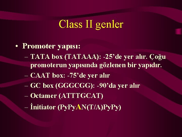 Class II genler • Promoter yapısı: – TATA box (TATAAA): -25’de yer alır. Çoğu