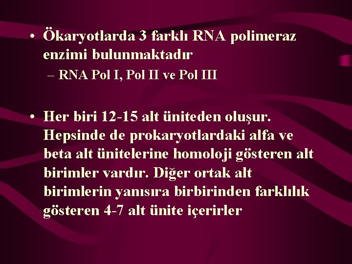  • Ökaryotlarda 3 farklı RNA polimeraz enzimi bulunmaktadır – RNA Pol I, Pol