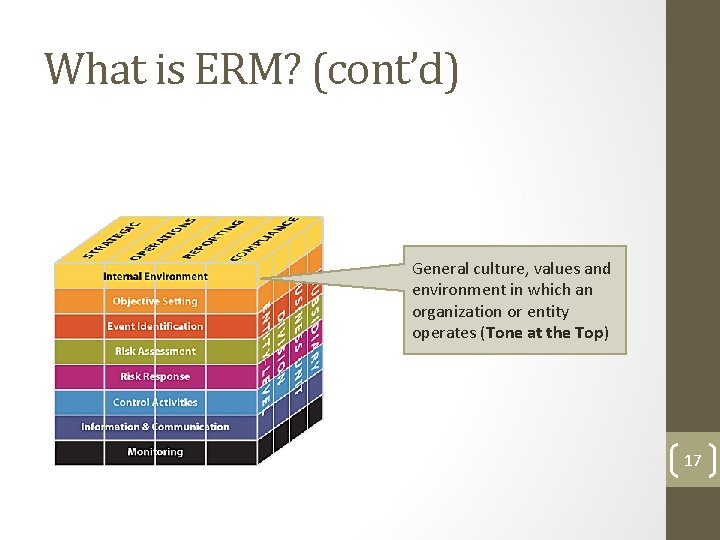 What is ERM? (cont’d) General culture, values and environment in which an organization or What is ERM? (cont’d) General culture, values and environment in which an organization or
