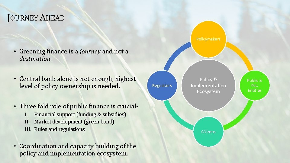 JOURNEY AHEAD Policymakers • Greening finance is a journey and not a destination. •