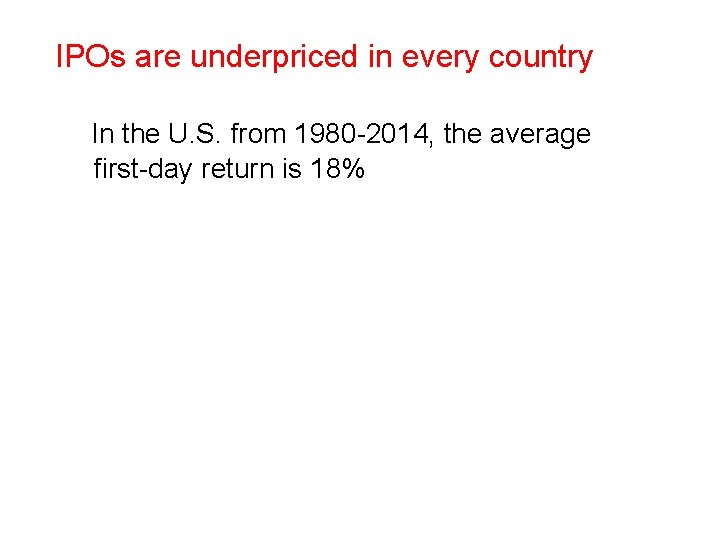 IPOs are underpriced in every country In the U. S. from 1980 -2014, the