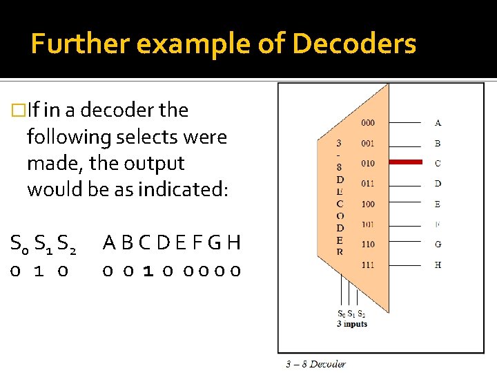 Further example of Decoders �If in a decoder the following selects were made, the