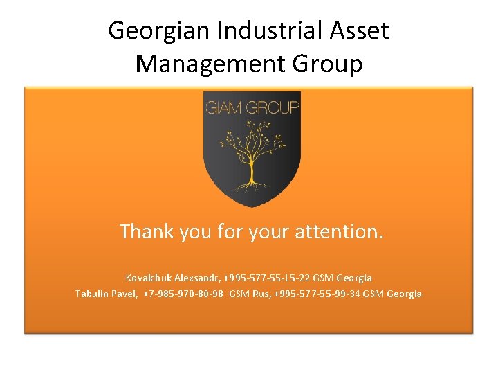 Georgian Industrial Asset Management Group Thank you for your attention. Kovalchuk Alexsandr, +995 -577