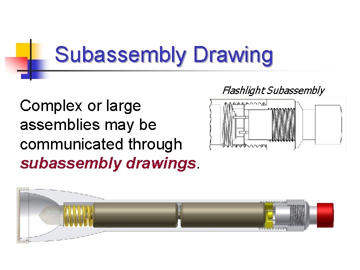 Subassembly Drawing Flashlight Subassembly Complex or large assemblies may be communicated through subassembly drawings.