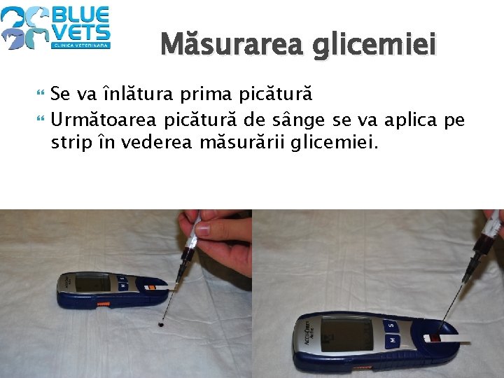 Măsurarea glicemiei Se va înlătura prima picătură Următoarea picătură de sânge se va aplica