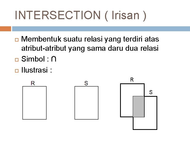 INTERSECTION ( Irisan ) Membentuk suatu relasi yang terdiri atas atribut-atribut yang sama daru