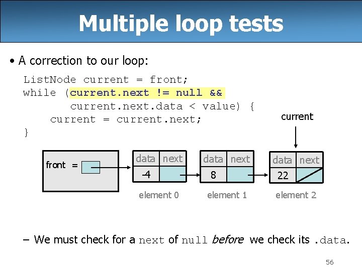 Multiple loop tests • A correction to our loop: List. Node current = front; Multiple loop tests • A correction to our loop: List. Node current = front;