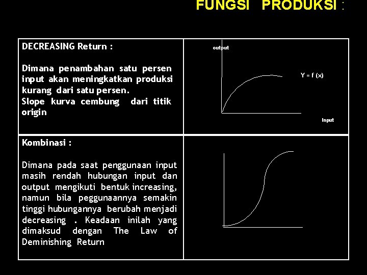 FUNGSI PRODUKSI : DECREASING Return : Dimana penambahan satu persen input akan meningkatkan produksi