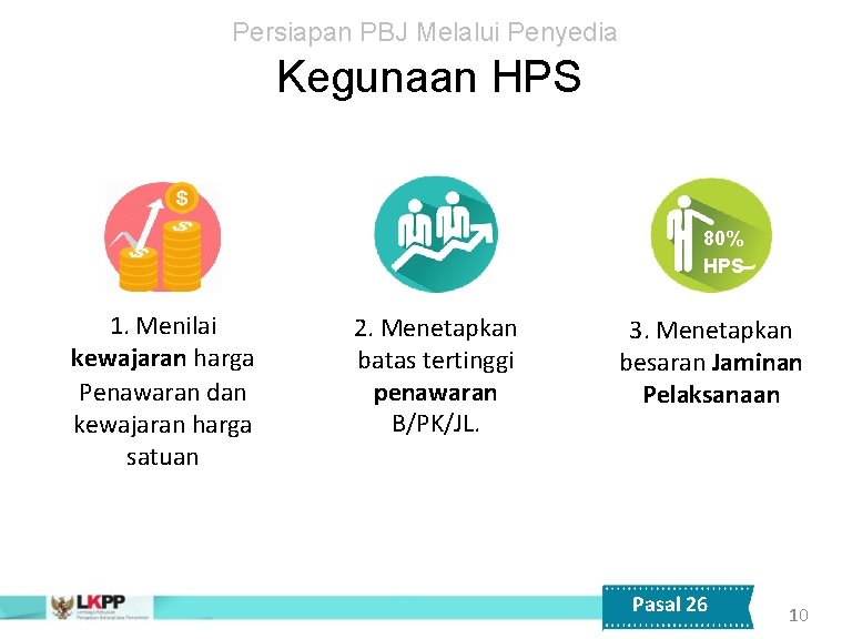 Persiapan PBJ Melalui Penyedia Kegunaan HPS 80% HPS 1. Menilai kewajaran harga Penawaran dan