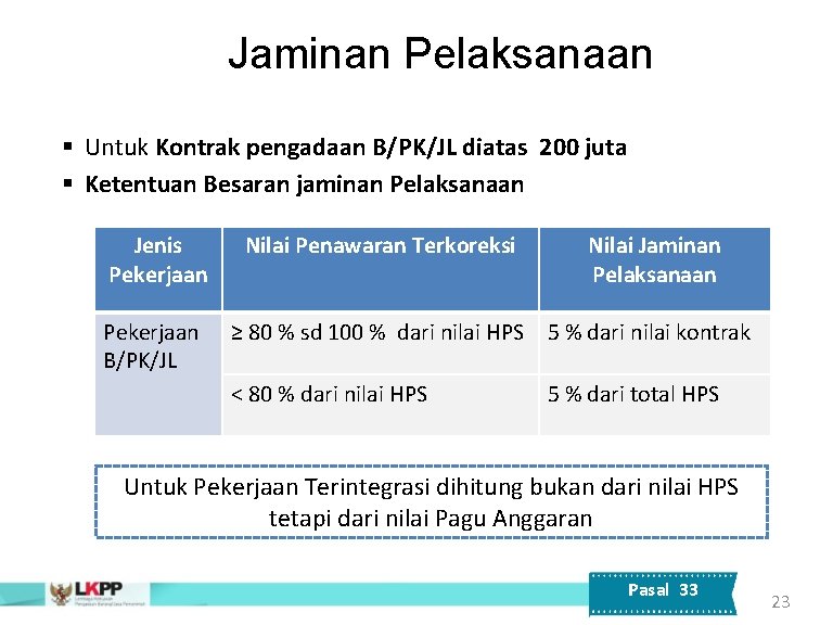 Jaminan Pelaksanaan § Untuk Kontrak pengadaan B/PK/JL diatas 200 juta § Ketentuan Besaran jaminan