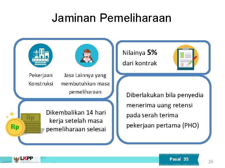 Jaminan Pemeliharaan Nilainya 5% dari kontrak Pekerjaan Konstruksi Jasa Lainnya yang membutuhkan masa pemeliharaan