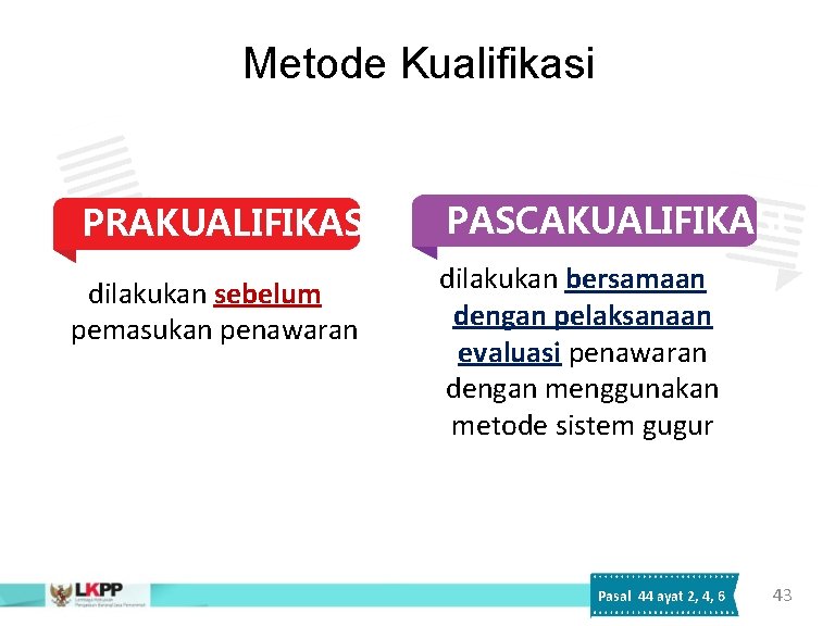 Metode Kualifikasi PRAKUALIFIKASI dilakukan sebelum pemasukan penawaran PASCAKUALIFIKASI dilakukan bersamaan dengan pelaksanaan evaluasi penawaran