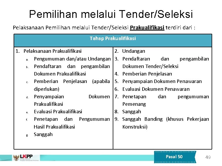Pemilihan melalui Tender/Seleksi Pelaksanaan Pemilihan melalui Tender/Seleksi Prakualifikasi terdiri dari : Tahap Prakualifikasi 1.