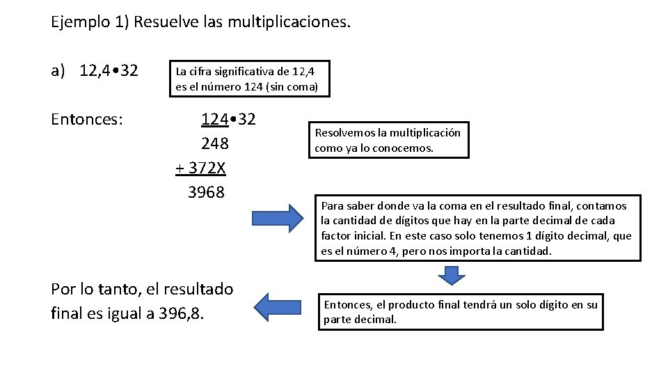 Ejemplo 1) Resuelve las multiplicaciones. a) 12, 4 • 32 La cifra significativa de