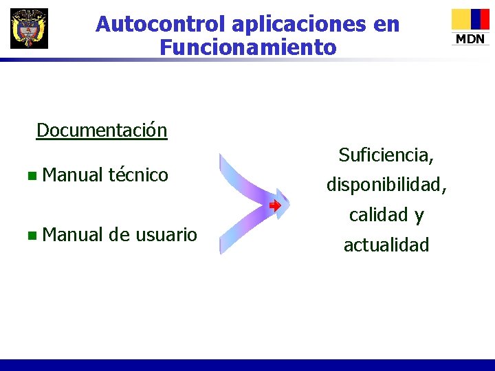 Autocontrol aplicaciones en Funcionamiento Documentación n n Manual técnico Manual de usuario Suficiencia, disponibilidad,