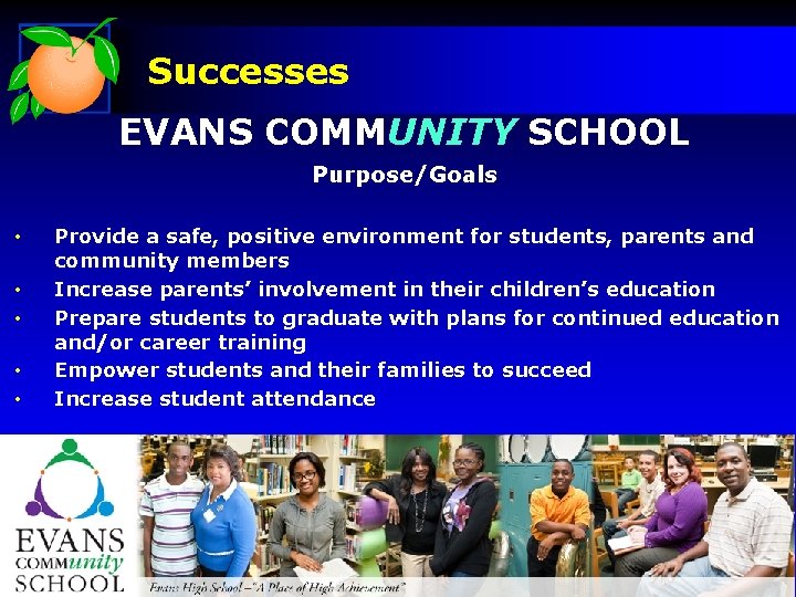 Successes EVANS COMMUNITY SCHOOL Purpose/Goals • • • Provide a safe, positive environment for