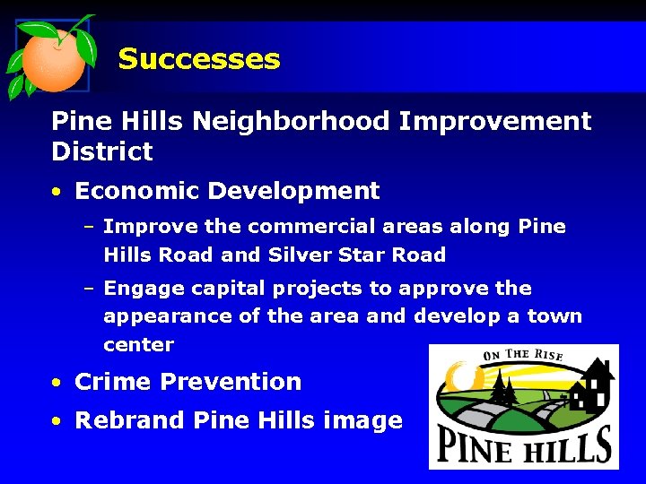 Successes Pine Hills Neighborhood Improvement District • Economic Development – Improve the commercial areas