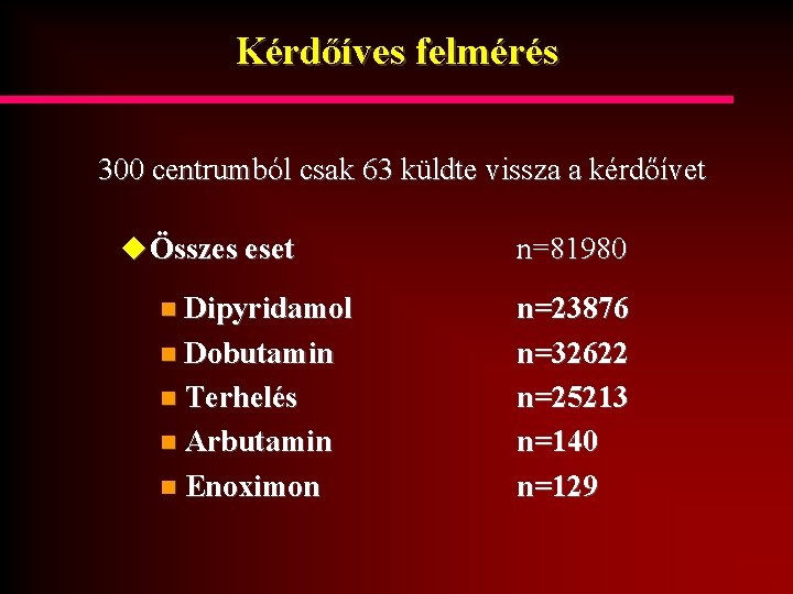 Kérdőíves felmérés 300 centrumból csak 63 küldte vissza a kérdőívet u Összes eset n