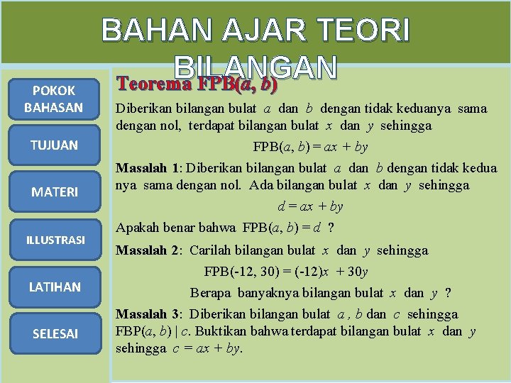 POKOK BAHASAN TUJUAN MATERI ILLUSTRASI LATIHAN SELESAI BAHAN AJAR TEORI BILANGAN Teorema FPB(a, b)