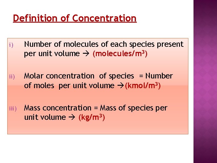 Definition of Concentration i) Number of molecules of each species present per unit volume