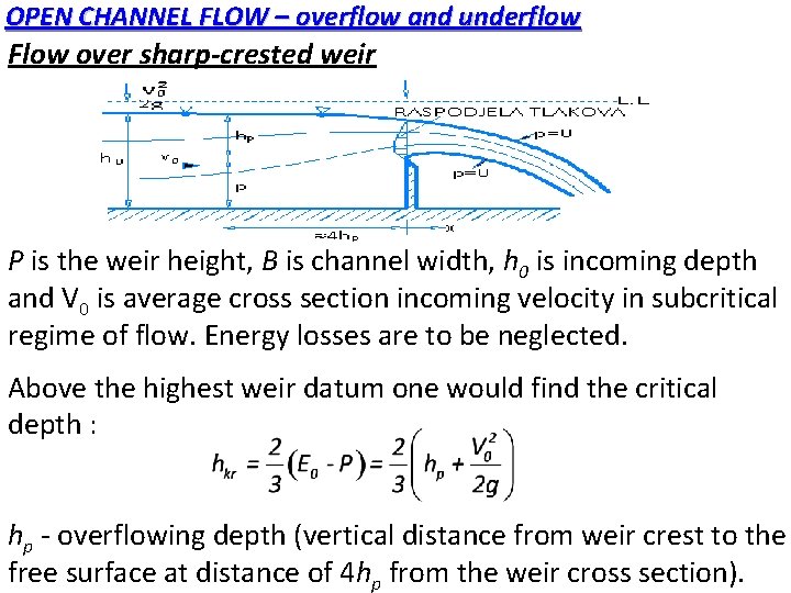 OPEN CHANNEL FLOW – overflow and underflow Flow over sharp-crested weir P is the OPEN CHANNEL FLOW – overflow and underflow Flow over sharp-crested weir P is the