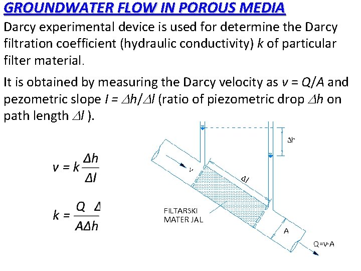 GROUNDWATER FLOW IN POROUS MEDIA Darcy experimental device is used for determine the Darcy GROUNDWATER FLOW IN POROUS MEDIA Darcy experimental device is used for determine the Darcy