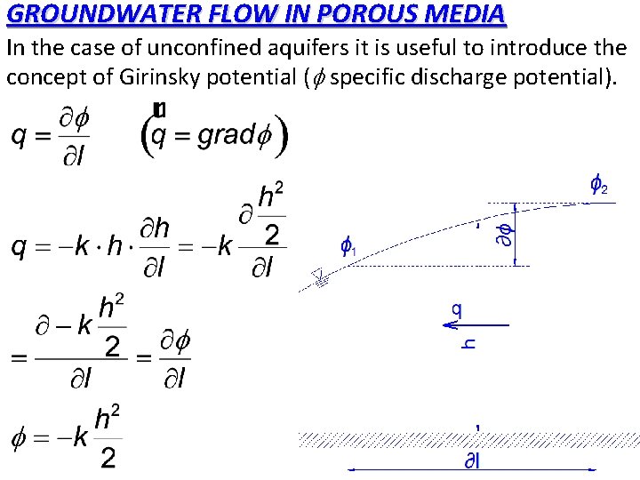 GROUNDWATER FLOW IN POROUS MEDIA In the case of unconfined aquifers it is useful GROUNDWATER FLOW IN POROUS MEDIA In the case of unconfined aquifers it is useful