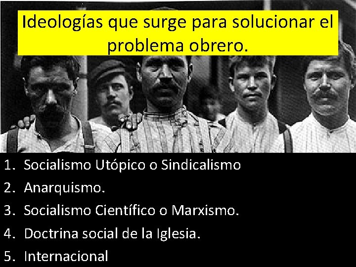 Ideologías que surge para solucionar el problema obrero. 1. 2. 3. 4. 5. Socialismo