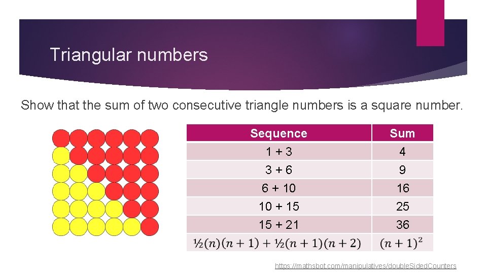 Triangular numbers Show that the sum of two consecutive triangle numbers is a square Triangular numbers Show that the sum of two consecutive triangle numbers is a square