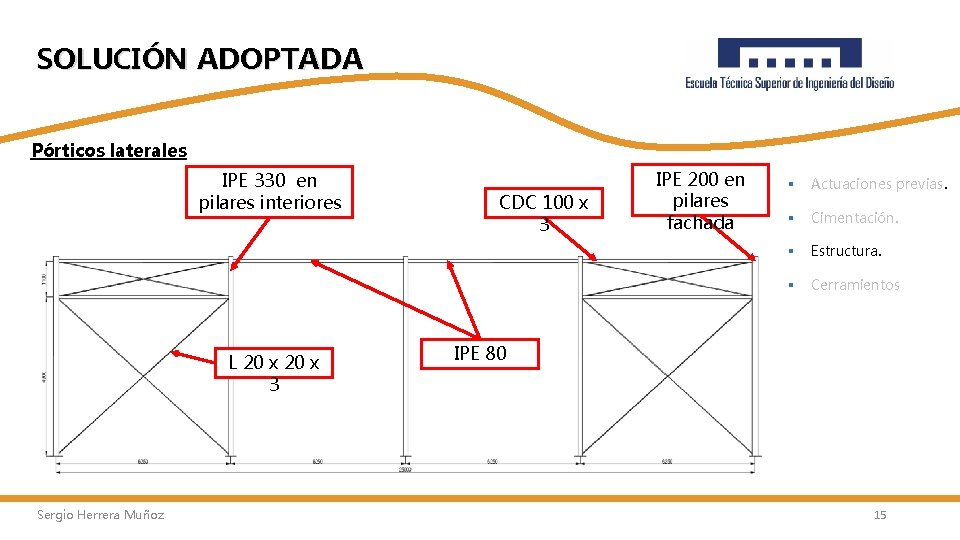 SOLUCIÓN ADOPTADA Pórticos laterales IPE 330 en pilares interiores L 20 x 3 Sergio