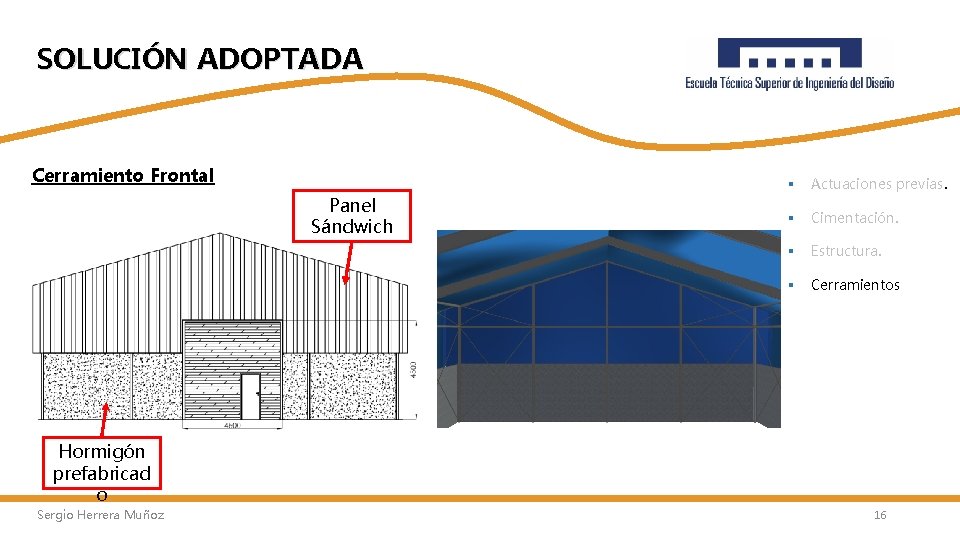 SOLUCIÓN ADOPTADA Cerramiento Frontal Panel Sándwich § Actuaciones previas. § Cimentación. § Estructura. §