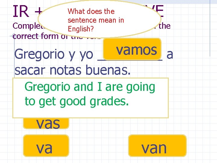 What. INFINITIVE does the IR + a + sentence mean in Complete the following What. INFINITIVE does the IR + a + sentence mean in Complete the following