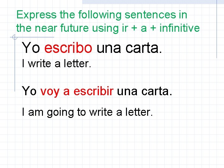 Express the following sentences in the near future using ir + a + infinitive Express the following sentences in the near future using ir + a + infinitive