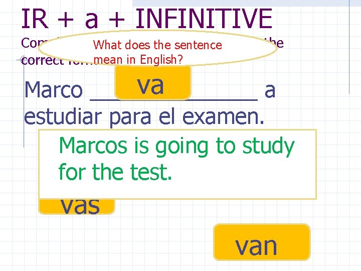 IR + a + INFINITIVE Complete the following What does thesentences sentence with the IR + a + INFINITIVE Complete the following What does thesentences sentence with the